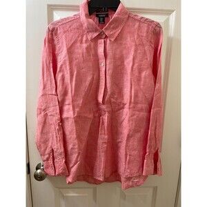 JONES & CO 100% linen Pink 1/4 Button Up Blouse Women Size S Long Sleeve